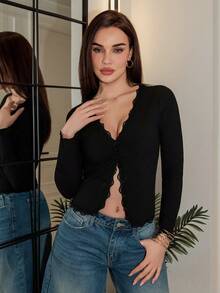 Bris Aura Women's Lace Frill Trim Fitted Cardigan Long Sleeve Top - Black - View 3