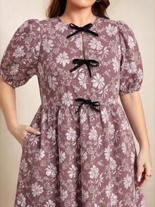 Comfylo Plus Size Women Floral Print Tie Front Ruffle Fashion Date Party Dress - Brown - View 6