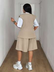 Maweii 大码女式纯色休闲宽松通勤背心和直筒裤套装 - 卡其色 - 查看 6