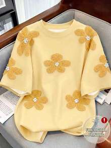 Resyla Women's Round Neck Digital Printed T-Shirt With Rivet Pearl Flower Design - Multicolor - View 3