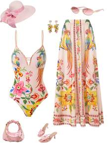 Swim Oasis New Bohemian Style Printed One-Piece Swimsuit With Mesh For Women, Spring/Summer - Multicolor - View 1
