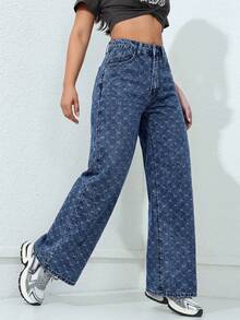 SHEIN ICON 女士口袋宽松阔腿休闲百搭牛仔裤 - 中等水洗藍 - 查看 7
