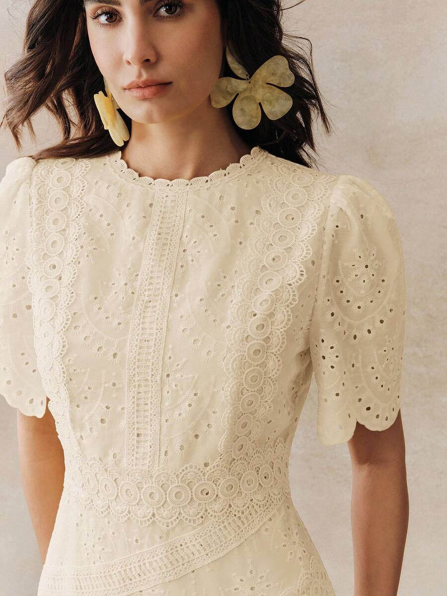 Anewsta Elegant Floral Trim Round Neck Waist Cinched Short Sleeve Dress For Women - Apricot - View 1