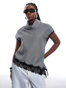 SHEIN EZwear 大码女士优雅千鸟格蕾丝拼接不对称下摆T恤，春夏款 - 彩色 - 查看 5