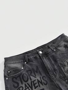 ROMWE Anime Plus Size Women Letter & Cartoon Character Pocket Decor Casual Denim Shorts - Black - View 3