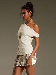 Athîral Áo nữ màu trơn, kiểu dáng ôm vừa vặn, xếp ly, bất đối xứng vai, thích hợp mặc thường ngày. - Màu be - Xem 5