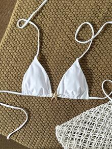 Swim Vcay Áo bikini dây buộc cổ màu trơn trang trí kim loại của Swim Chicsea-D dành cho nữ, thích hợp cho mùa xuân/hè. - trắng - Xem 3