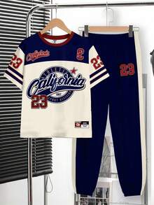 青少年男童新款休闲简约Y2K风格英文字母数字23运动复古美式撞色宽松舒适时尚简约圆领短袖T恤和裤子套装 - 彩色 - 查看 2