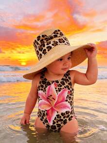 SHEIN 复古度假豹纹百合印花图案，女婴休闲简约修身连体泳衣，适合夏季穿着 - 彩色 - 查看 2