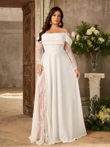 Aureia 大码优雅奢华浪漫白色弹力针织蕾丝拼接露肩薄纱蕾丝袖褶裥垂褶领口A字下摆新娘婚纱 - 白色 - 查看 2