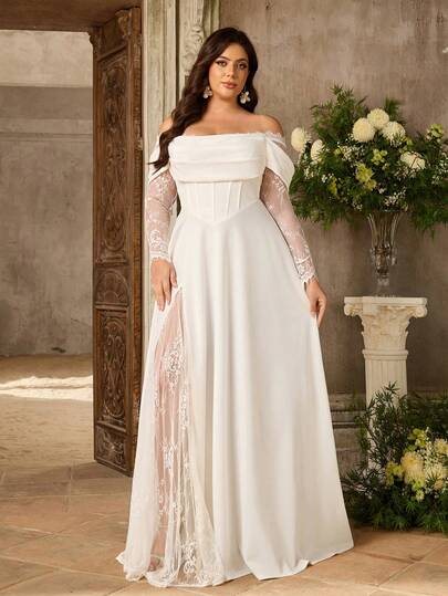 Aureia 大码优雅奢华浪漫白色弹力针织蕾丝拼接露肩薄纱蕾丝袖褶裥垂褶领口A字下摆新娘婚纱