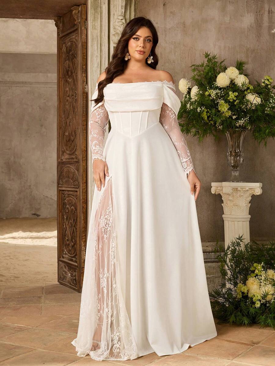 Aureia 大码优雅奢华浪漫白色弹力针织蕾丝拼接露肩薄纱蕾丝袖褶裥垂褶领口A字下摆新娘婚纱