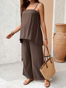 SHEIN Maternity Casual Solid Color Camisole And Pants 2 Pieces Set Maternity Two Piece Set Brown Two Piece Set Women Wide Leg Pants Set Pregnancy Pant Comfy Two Piece Set - Coffee Brown - View 4