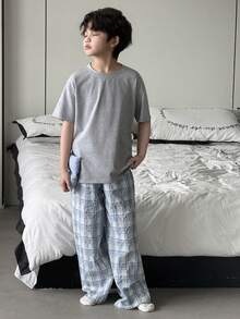 DAZY Tween Boy Solid Color Short Sleeve Top And Plaid Pants Pajama Set Summer - Grey - View 4