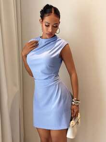 Slaydiva Đầm ngắn dáng chữ A thanh lịch, thoải mái, thích hợp cho nữ đi làm, đa năng. - Màu xanh lam - Xem 5