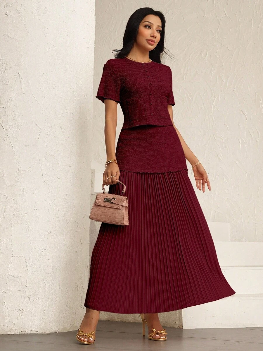 Modelyn Women's Elegant Pink Textured Short Sleeve Jacket And Pleated Skirt 2 Pieces Set - Burgundy - View 1