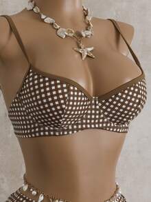 Swim Mod 夏季女士两件式格子印花带钢圈吊带泳衣，米色 - 咖啡棕 - 查看 6