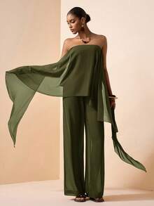 Zivah 2026春夏新款音乐节、复活节、圣帕特里克节、情人节、约会、西部风、游牧风、生日派对、毕业典礼、学院风、学生装、日常穿着、百搭基础款、休闲装、度假、邮轮旅行、海滩、日光浴、热门单品、街头风、婚礼宾客波西米亚风、通勤、早午餐、机场、派对、假日郊游、办公室穿着雪纺荷叶边无袖上衣和裤子棕色套装两件套飘逸两件套无肩带上衣和裤子女士裤装套装工作服 - 軍綠色 - 查看 6