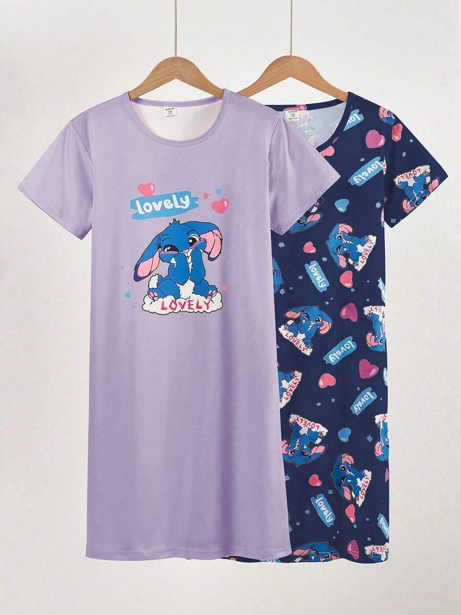 Girls'2-Piece Set Cute Purple Rabbit Print Nightgown,Navy Blue Allover Bunny Pattern Short Sleeve Long Sleep Dress,Summer Comfortable Home Wear - Purple - View 1