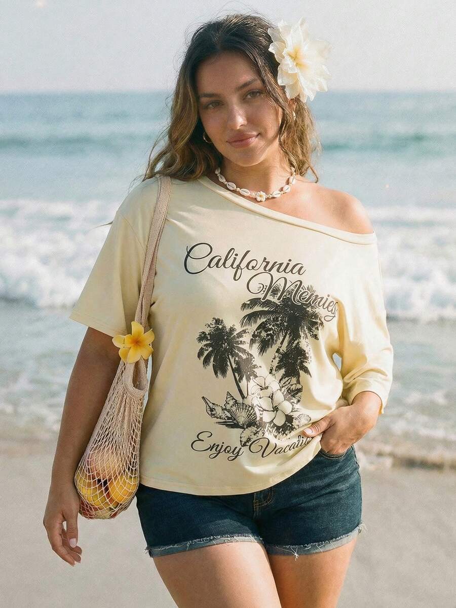 SHEIN ICON 大码女式花朵、棕榈树和贝壳印花宽松黄色T恤，度假风 - 黃色 - 查看 1