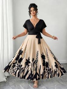 Vestido casual de línea A con cuello en V, volantes en el bajo y lazo en la cintura para mujer de talla grande.Estampado floral, corte holgado, cómodo y de moda para primavera/verano.Adecuado para uso diario, vacaciones, trabajo y ocasiones versátiles. - Multicolor 3 - Ver 7