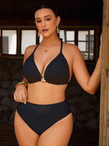 Swim Chiccia Plus Size Women Solid Color Halter Neck 3-Triangle Bikini Top Beach Vacation White Summer - Black - View 5