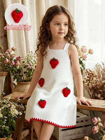 SHEIN Young Girl' Cute Minimalist New Dress, Front Strawberry 3D Applique, Wavy Hem Red Decor, Hollow Apricot Fabric, Sleeveless Strap Dress, Suitable For Cute, Playful, Ladylike Casual Wear, Suitable For Daily School, Beach Vacation, Outings, Spring/Summer
