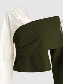 Franclia 2pcs/Set V-Neck Contrast Color Patchwork Top And Straight Leg Pants, Casual Autumn/Winter - Army Green - View 4