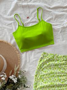 Soleia 2pcs/Set Women Casual Green Floral Print Cropped Camisole Top And Mini Skirt Suit, Suitable For Spring/Summer Summer Two Piece Set Brunch - Multicolor - View 6