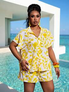 Slaydiva Bộ 2 món cỡ lớn gồm áo sơ mi ngắn tay và quần short in hoa màu vàng trắng, thích hợp cho lễ hội âm nhạc, mùa xuân/hè. Bộ đồ hè in họa tiết da báo, quần lửng capri, trang phục đi nghỉ mát cho nữ. Bộ 2 món màu vàng, cỡ lớn, bộ đồ hè cỡ lớn, quần short in hoa màu vàng. - Màu vàng - Xem 6