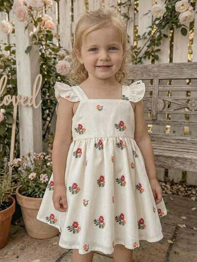 Babygirl Cute Floral Print Ruffle Hem Casual Dress, Apricot