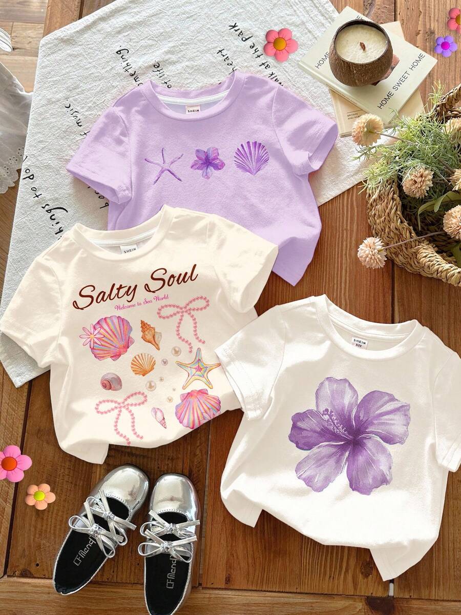 SHEIN LMoss Kids 3件套休闲度假热带芙蓉、鸡蛋花、海星和贝壳印花圆领短袖基础款T恤,适合春夏穿着,白色、米色、浅紫色 - 彩色 - 查看 1
