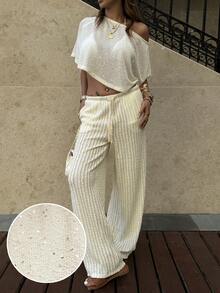 Siren Gaze 女士优雅休闲闪亮亮片透视针织露肩蝙蝠袖短袖宽松上衣，夏季海滩度假派对罩衫白色闪亮上衣奶油色两件套闪亮两件套网纱套装水钻上衣，夏季上衣女士度假套装闪亮套装女士夏季套装两件套女士夏季套装女士套装潮流套装闪亮魅力套装服装配饰时尚套装 - 杏色 - 查看 8