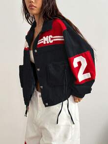 StreetHx Chaqueta vaquera casual de mujer con bloqueo de color, estampado de letras, manga larga y hombros caídos con un solo botonadura - Multicolor - Ver 7