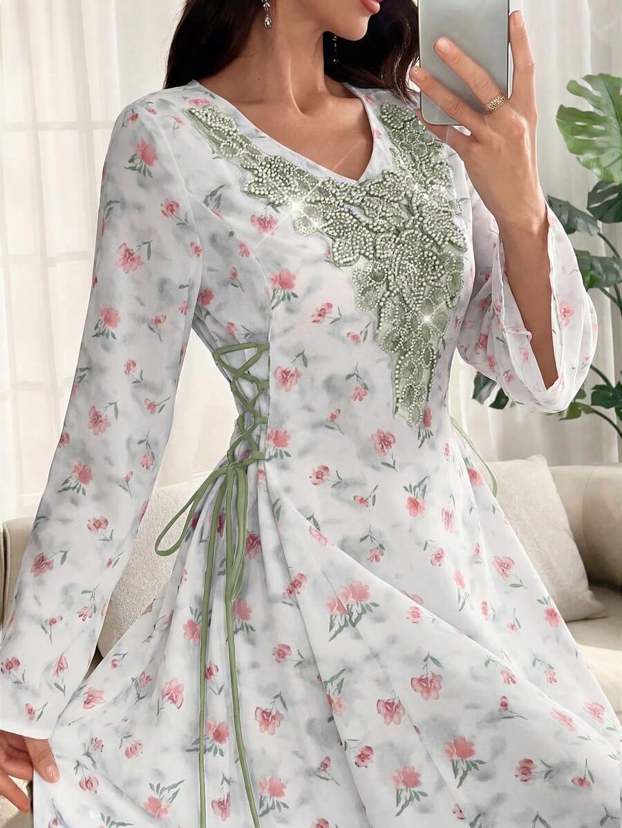 Al Najma Đầm tay loe cổ chữ V họa tiết hoa phối màu tie-dye, kiểu Ả Rập, mùa xuân/hè.