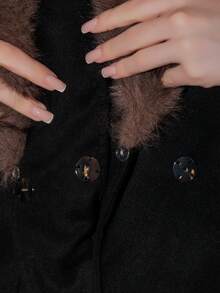 Bris Aura 女士时尚优雅系带修身大衣，配可拆卸人造毛领 - 秋冬假日季，黑色短款夹克，黑色皮草外套，泰迪熊外套，冬季女装外套，女士皮草外套，女士冬季服装，女士黑色西装外套 - 黑色 - 查看 5