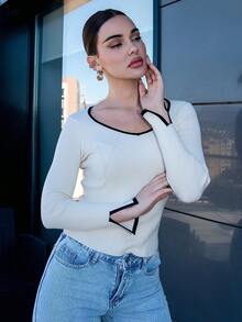 Bris Aura 黑色边缘、开衩袖口、修身款女士休闲毛衣、长袖上衣 - 杏色 - 查看 6