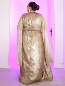 Pretty and Ole Plus Size Elegant Party Metallic V-Neck Ruched Dress, Party Wear - Gold - View 2
