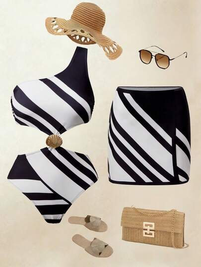 Swim Oasis 2026 Summer NEW Women's Summer Women's One-Piece Hollow Shell Metal Decor Asymmetrical Black White Striped Contrast Trim Swimsuit Cover Up Two Pieces Set Beach Vacation, Pool Party, Beach PartyBeach Outfits, Music Festival Outfits, Vacation Outfits, Seaside Dates, Holiday Outfits, Sexy, Elegant, Casual Outfits, Beach Party Outfits, Pool Party Outfits