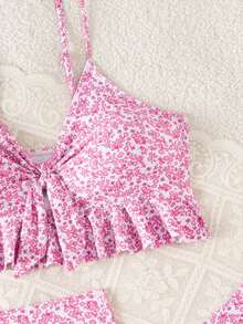 Swim Mod Set Bikini Seksi Motif Bunga Musim Panas untuk Wanita dengan Penutup dan Rok - Berwarna merah muda - View 4