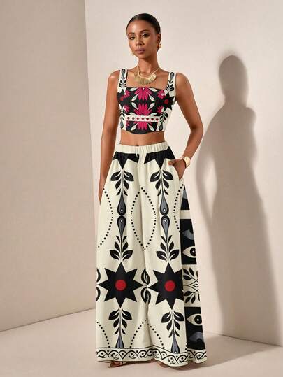 Zivah New Spring/Summer Vacation Bohemian Contrast Color Geometric Floral Print Casual Spaghetti Strap Top And Wide Leg Pants With Pockets 2-Piece Set, Textured Fabric