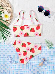 SHEIN 可爱草莓花图案，海滩度假风，少女休闲简约修身吊带背心和三角比基尼泳衣套装，适合夏季休闲度假，#椰子女孩 - 彩色 - 查看 4