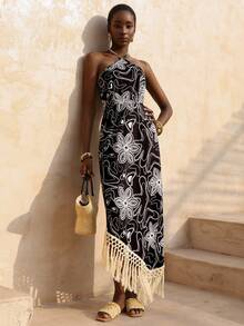 Vesra Vestido de mujer con estampado floral de vacaciones, cuello halter, cintura asimétrica con flecos y empalmes de colores contrastantes - Blanco y Negro - Ver 7