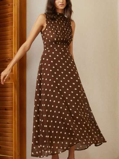 Aveloria Rosie Elegant Chiffon Colorblock Polka Dot Sleeveless Dress With Pleated Front Design, Waist Cinched, Suitable For Daily Wear And Vacation