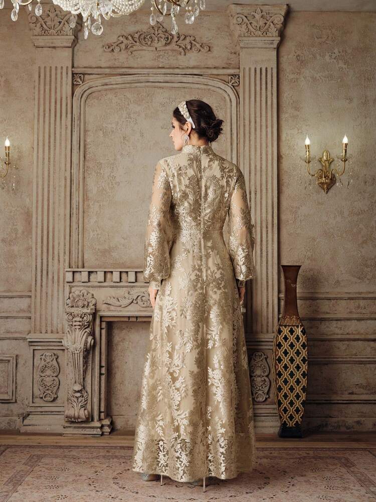 Women's New Elegant Flared Long Sleeve Embroidered Dress, Apricot/Champagne Color, Suitable For Party, Birthday, Valentine's Day