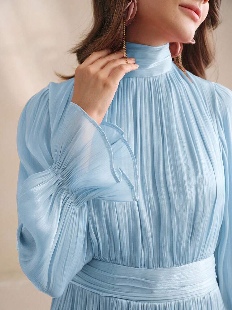 New Arrival High-End Vintage Solid Color Flared Sleeve Asymmetrical Ruffle Hem Maxi Dress