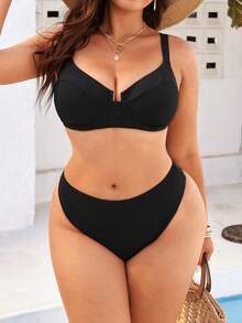 Swim Vcay Plus Size Women's Solid Color Summer Beach Bikini And Triangle Panty Swimwear Set - Black - View 3