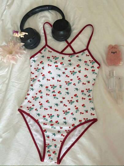 SHEIN MOD 1 pieza Traje de baño de una pieza con cruce y nudo delantero con estampado de fresa para mujer