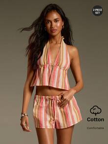 Athîral Women's Vacation Casual Striped Backless Halter Top And Shorts 2 Pieces Set - Multicolor - View 4