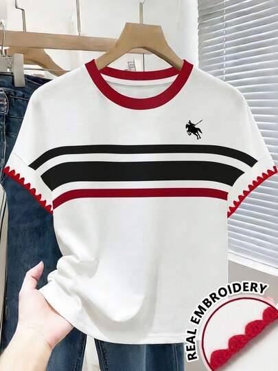 Resyla Contrast Color Round Neck Striped Print T-Shirt With Embroidered Sleeve Cuffs, Retro Red And Black Striped Short Sleeve Top, Equestrian Logo Casual Loose Sleeve Embroidered T-Shirt For Women, Collegiate Contrast Striped Short Sleeve T-Shirt Top, Versatile Contrast Color Sleeve Cuff Round Neck Embroidered T-Shirt